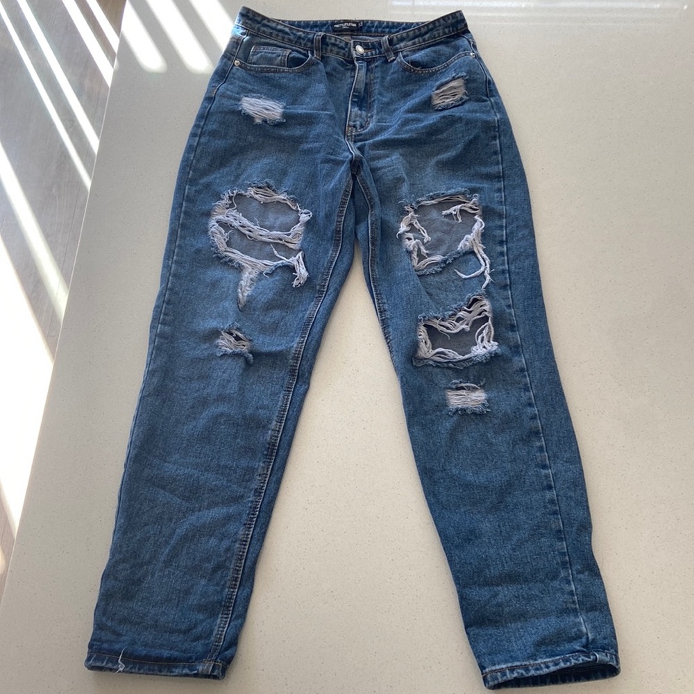 PrettyLittleThing tall mid blue ripped mom jeans